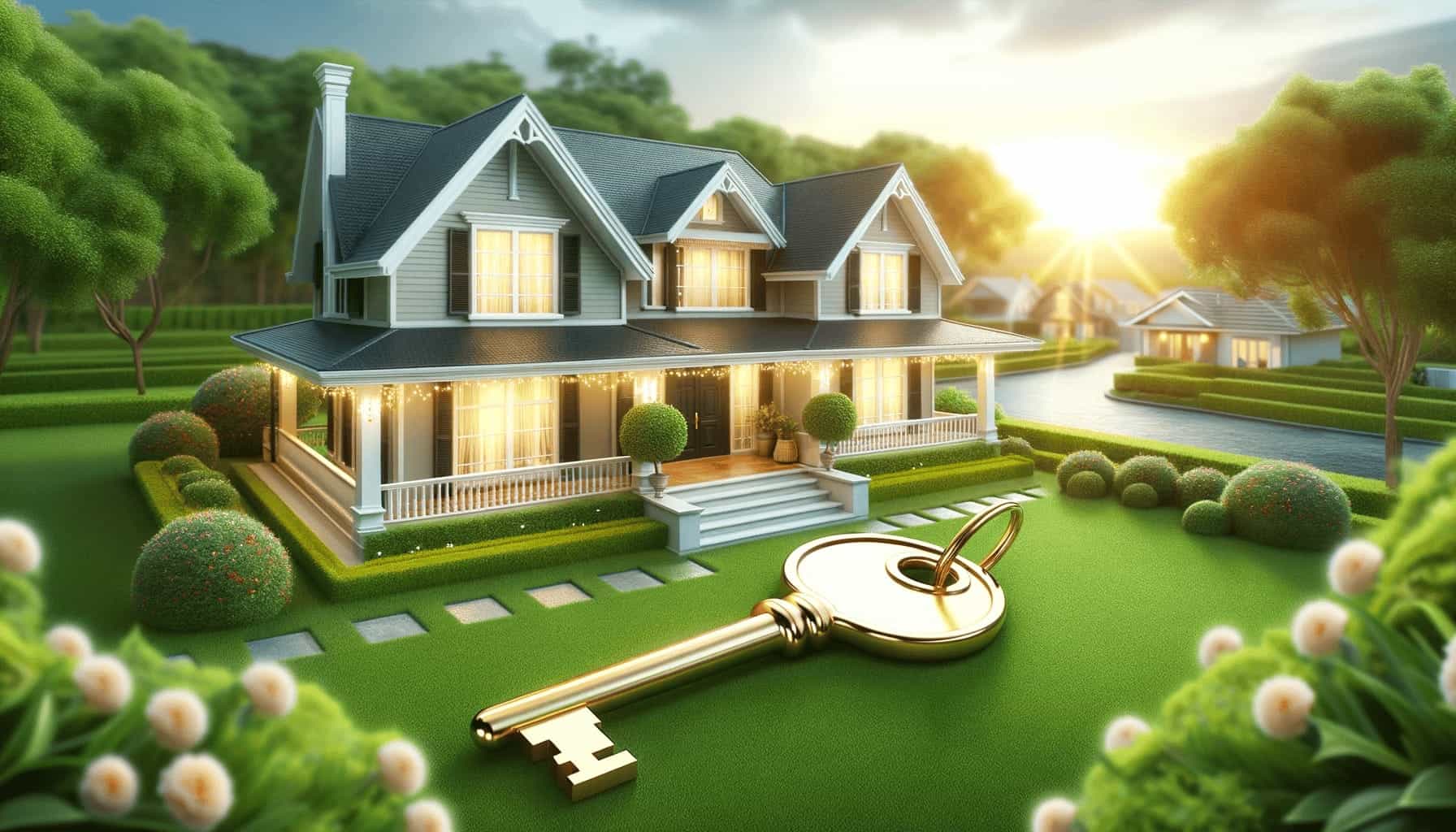 DALL·E 2023 10 17 18.31.22 Photo of a beautiful home with a green lawn and a golden key floating above it symbolizing approved home financing